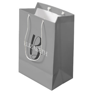 Sac Cadeau Moyen Nom blanc et grand monogramme noir sur gris clair