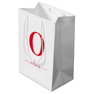 Sac Cadeau Moyen Nom De Script Monogramme Personnalisé Blanc Et Rou
