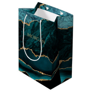 Sac Cadeau Moyen Nom en or, Agate sarcelle or et noir,
