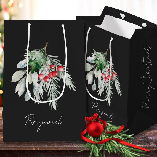 Sac Cadeau Moyen Nom moderne Aquarelle Script Joyeux Noël