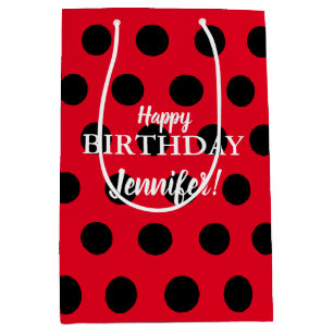 Sac Cadeau Moyen Nom personnalisé de la Polka de bugs noir et roug