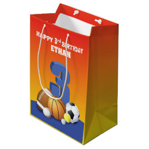 Sac Cadeau Moyen Nom personnalisé Garçon 3e anniversaire Sports Bal