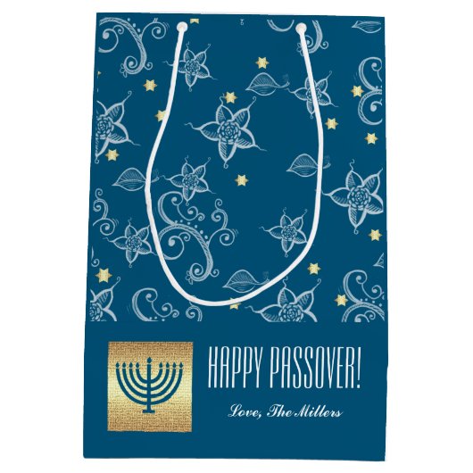 Sac Cadeau Moyen Nom Personnalisé, Menorah, Motif Floral Pâque (Dos)