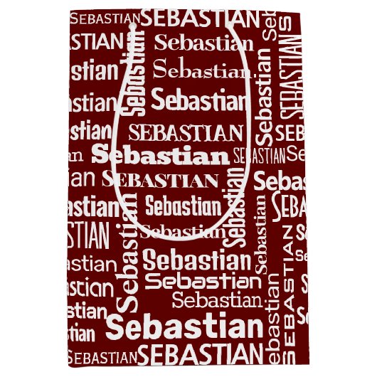 Sac Cadeau Moyen Nom SEBASTIEN Blanc Sur Maroon Rouge (Devant)