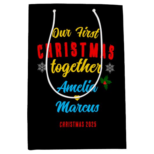 Sac Cadeau Moyen Nos premiers Noël Ensemble Flammes De Neige (Devant)