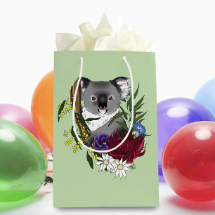 Sac Cadeau Moyen Nounours Koala Mignon Vert Flore Faune Australienn