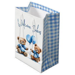 Sac Cadeau Moyen Nouveaux Nounours Twin Boy Avec Ballons Bleus