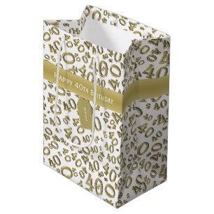 Sac Cadeau Moyen Numéro 40e anniversaire Motif or/blanc 40
