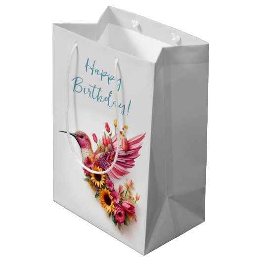 Sac Cadeau Moyen Oiseau de mer avec des fleurs Joyeux anniversaire (Dos Angle)
