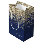 Sac Cadeau Moyen Or Glitter Monogramme Script Nom Féminin Navy Bleu (Devant Angle)