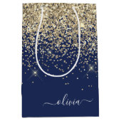 Sac Cadeau Moyen Or Glitter Monogramme Script Nom Féminin Navy Bleu (Devant)
