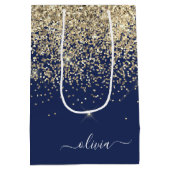 Sac Cadeau Moyen Or Glitter Monogramme Script Nom Féminin Navy Bleu (Dos)