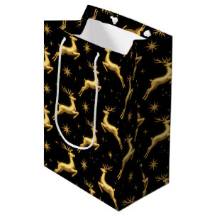 Sac Cadeau Moyen Or métal noir rennes étoiles vin, petit,