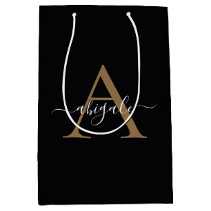 Sac Cadeau Moyen Or Monogrammé Minuit Noir Élégant Minimaliste