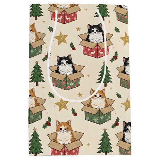 Sac Cadeau Moyen Orange and Black & White Kittens Christmas Pattern (Devant)