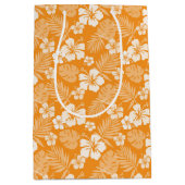 SAC CADEAU MOYEN ORANGE AVEC FLEURS HIBISQUES BLANCHES TROPICALES (Devant)