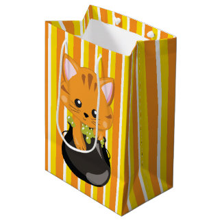 SAC CADEAU MOYEN ORANGE JAUNE STRIPES BLANCHES ET CHAT ORANGE CUTE