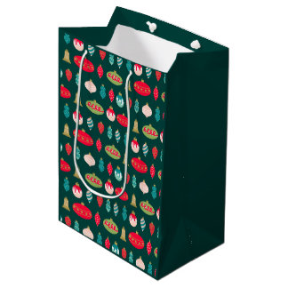 Sac Cadeau Moyen Ornements gribouillés rétro en rouge vert rose or