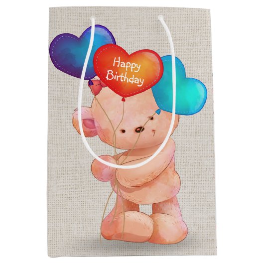 Sac Cadeau Moyen Ours avec ballons cardiaques d'anniversaire (Devant)