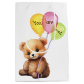 Sac Cadeau Moyen Ours D'Anniversaire Avec Ballons De Fête (Devant)