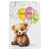 Sac Cadeau Moyen Ours d'anniversaire avec ballons et confetti (Devant)