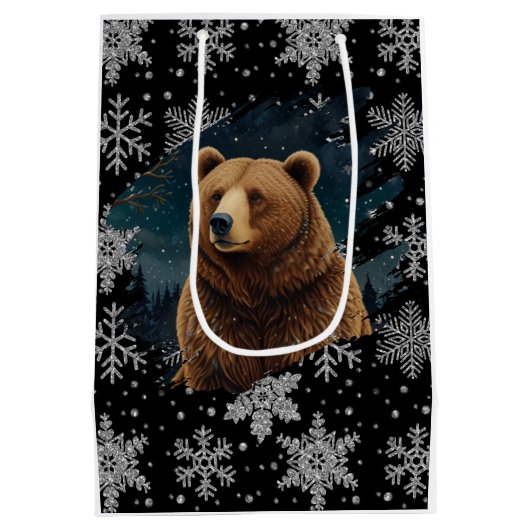 Sac Cadeau Moyen Ours de Noël rétro paysage enneigé minuit (Dos)