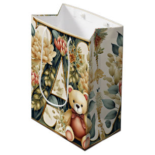 Sac Cadeau Moyen Ours en peluche floral lettre A