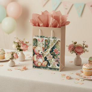 Sac Cadeau Moyen Ours en peluche floral lettre K