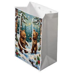 Sac Cadeau Moyen Ours en peluche vintage jouant dans un Noël enneig