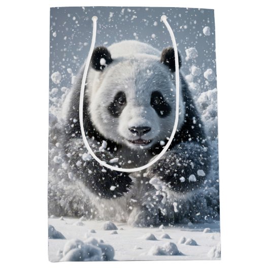 Sac Cadeau Moyen Ours Panda Anniversaire Dans Les Snowflakes (Devant)