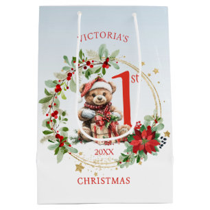 Sac Cadeau Moyen Ours Poinsettia Foliage Baby's First Christmas