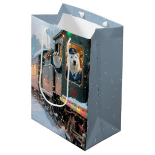 Sac Cadeau Moyen Ours polaire de Noël dans une vieille locomotive à