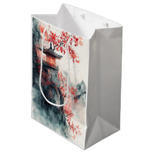 Sac Cadeau Moyen Pagode Sakura Cramoisi Aquarelle