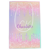 Sac Cadeau Moyen Paillet arc-en-ciel gouttes rose monogramme luxe (Devant)
