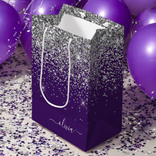 Sac Cadeau Moyen Paillettes Violet Argent Nom Monogramme Féminin
