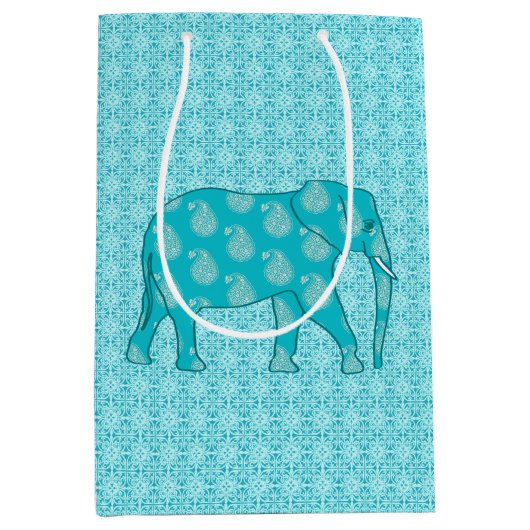 Sac Cadeau Moyen Paisley Elephant, Turquoise et Aqua (Devant)