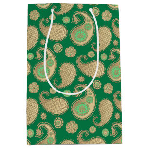 Sac Cadeau Moyen Paisley motif, Soft Gold sur Emerald Green
