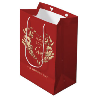 Sac Cadeau Moyen Paix Amour Joie Noël personnalisé Rouge Or