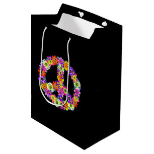 Sac Cadeau Moyen Panneau de paix Floral sur noir