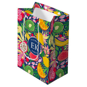Sac Cadeau Moyen Papier Peint Aquarelle Été Monogramme Fruit Tropic