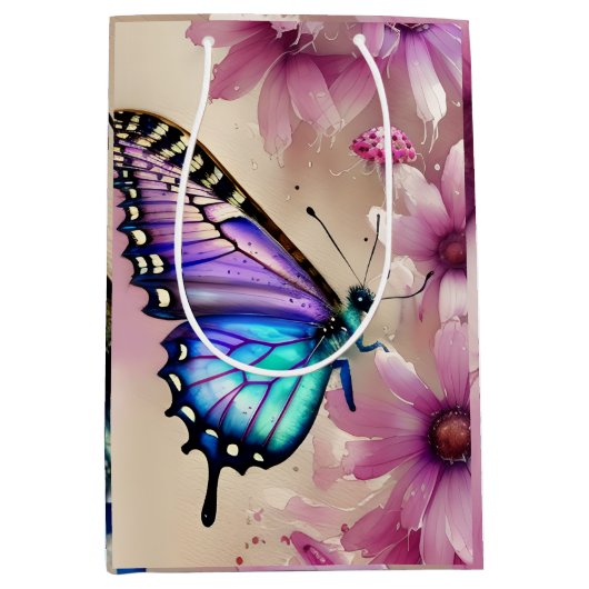 Sac Cadeau Moyen Papillon bleu étonnant et fleurs roses (Devant)