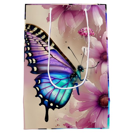 Sac Cadeau Moyen Papillon bleu étonnant et fleurs roses (Dos)