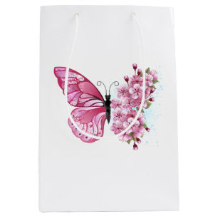 Sac Cadeau Moyen Papillon de fleurs avec Sakura rose
