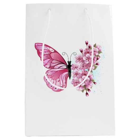 Sac Cadeau Moyen Papillon de fleurs avec Sakura rose (Devant)