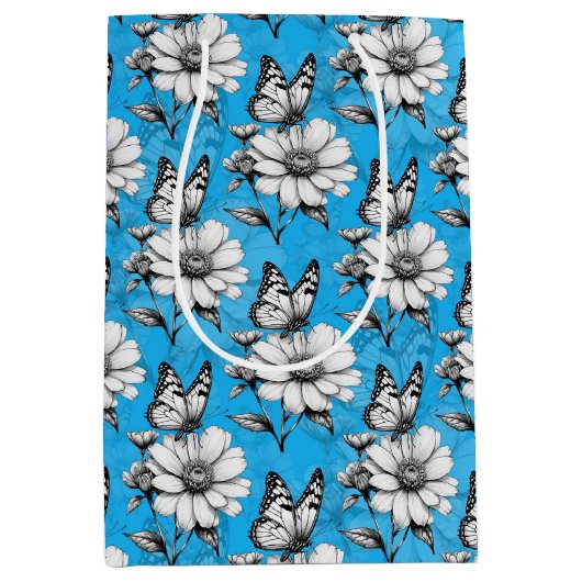 Sac Cadeau Moyen Papillon sur Motif de fleurs Design bleu (Devant)