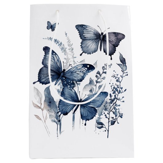 Sac Cadeau Moyen Papillons d'art Delft bleu et blanc avec fleurs (Devant)