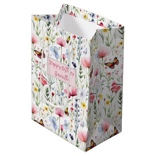 Sac Cadeau Moyen Papillons Fleur sauvage bleu rose Anniversaire pou (Devant Angle)
