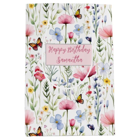 Sac Cadeau Moyen Papillons Fleur sauvage bleu rose Anniversaire pou (Devant)