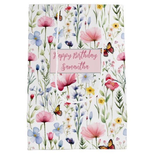 Sac Cadeau Moyen Papillons Fleur sauvage bleu rose Anniversaire pou (Dos)