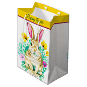 Sac Cadeau Moyen Pâques d'aquarelle lapin et fleurs (Devant Angle)